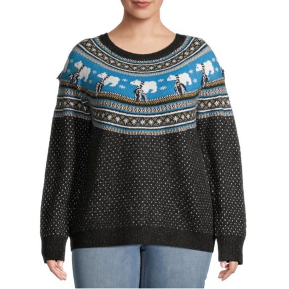 Holiday Time Black and Blue Crew Neck Sweater - Picture 2 of 8